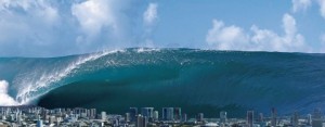 A massive tidal wave, several thousand feet high, rearing up over Honolulu after a massive meteor strike in the Pacific Ocean.