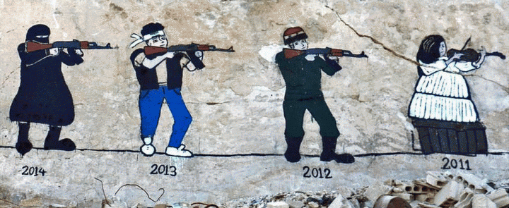 Graffito che mostra l'evoluzione della guerra in Siria, a Darayya.